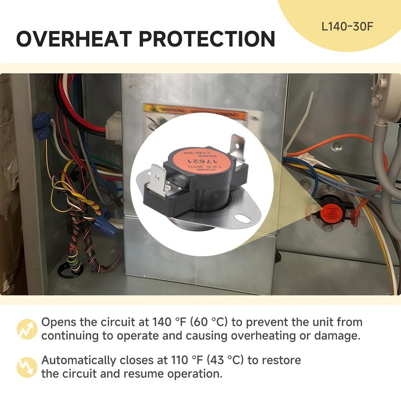 MUGLFPT S1-02535380000 Furnace Temperature Limit Switch, Compatible with Coleman, York, and Evcon Furnaces, Replaces S1-7945-3281, S1-7945-3271 – Furnace Replacement Limit Switch, L140-30F, Auto Reset - Image 5